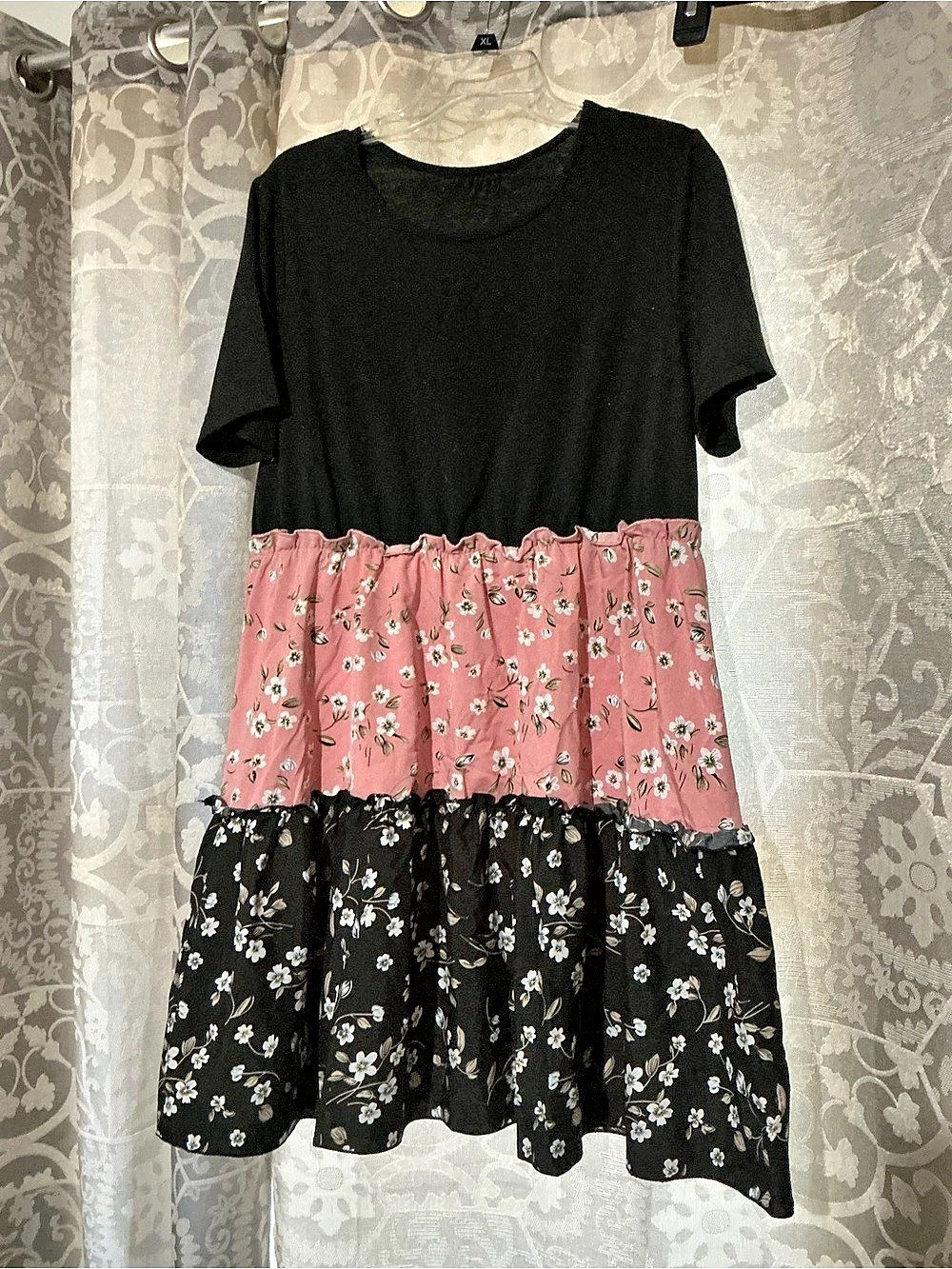 Floral Tiered Mini Dress Black & Pink 2XL